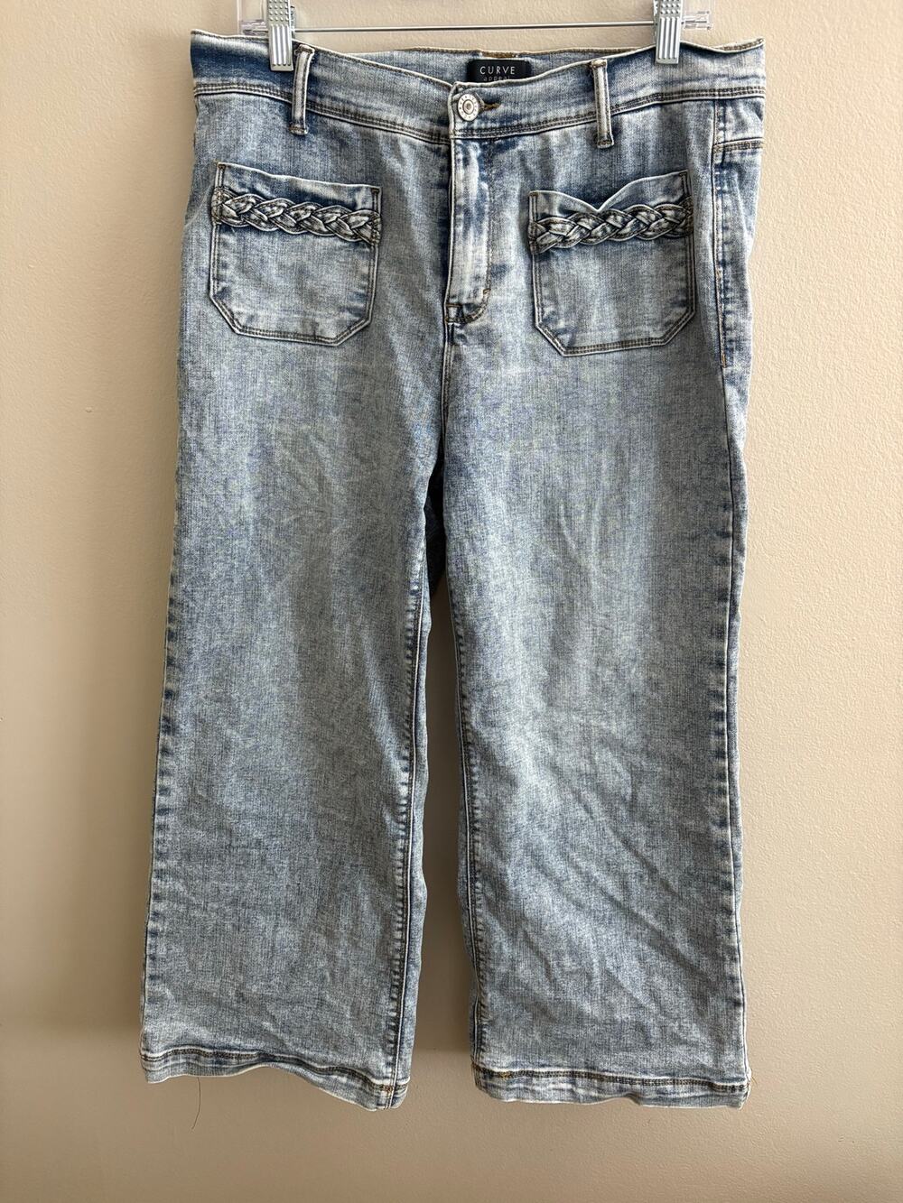 Curve Appeal High Rise Wide Leg Jeans Size 12 31 Acid Wash Braided Pocket Crop